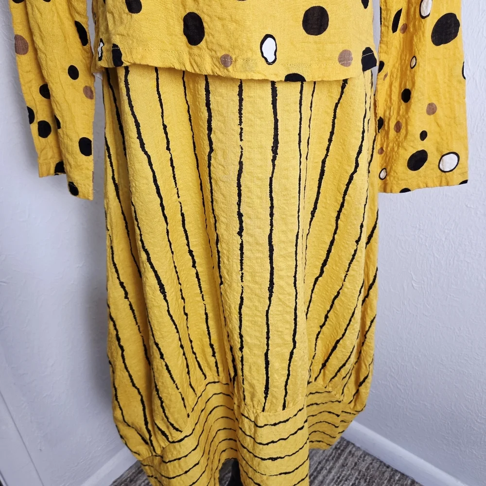 Yellow Long Sleeve Polka Dot & Stripe Midi Dress (fits like M)